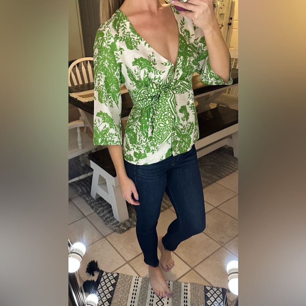 Tibi New York Green & White Silk Floral Print Wrap Style Blouse